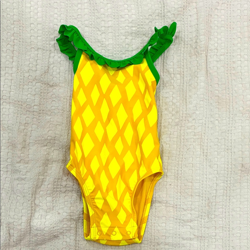 Yellow Pineapple Print Swimsuit with Green Ruffle